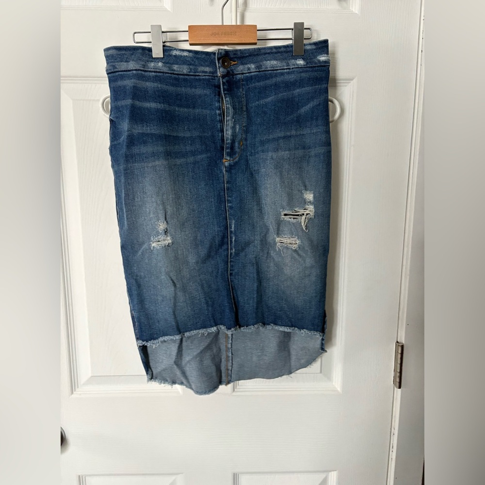 Guess Blue Distressed Denim Midi Skirt